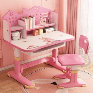 yifaeux kids functional desk and chair set, study desk for children with chair, kids desk and chair set,height adjustable children school study desk with storage drawer for boys girls pink