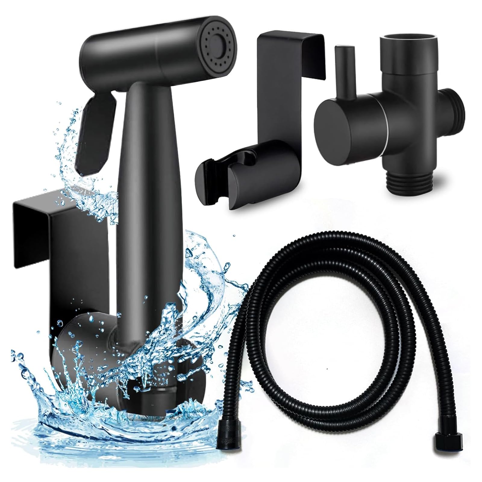 Handheld Bidet Sprayer for Toilet, Stainless Steel Leak Free T-Valve & Adjustable Jet Spray, Feminine Hygiene, Shower Sprayer for Pet, Wall or Toilet Mount Superior Complete Accessories (Black)