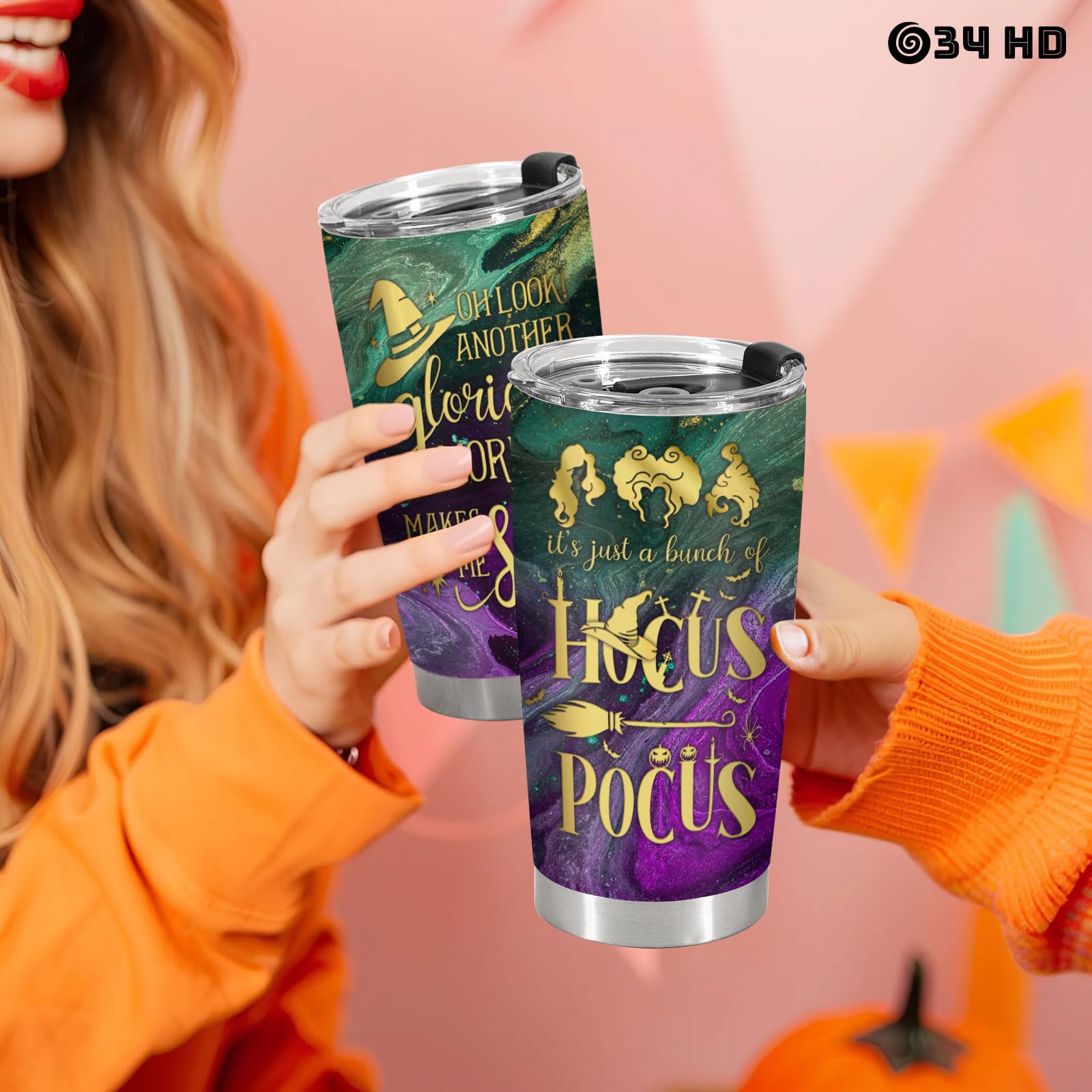 34HD Hocus Gifts for Women, Hocus Tumbler with Lid 20oz Stainless Steel, Witch Brew Tumbler, Sanderson Sister Gifts, Halloween Gifts for Movie Lovers