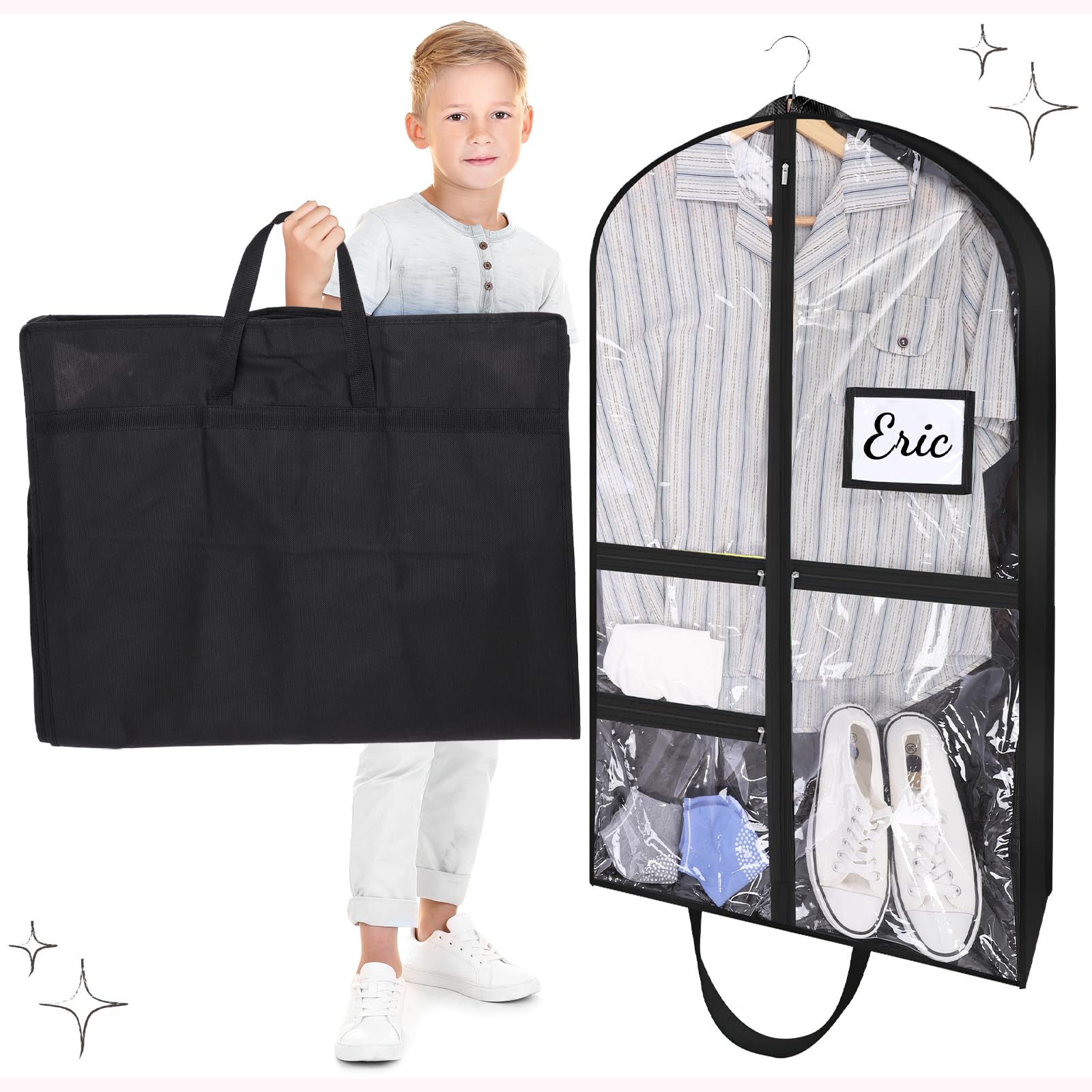 Dntorx 4 Pack Dance Garment Bags, 40" Dance Costume Bags with 3" Gusseted and 3 Pockets, Transparent Kids Garment Bags for Hanging Clothes Suit for Travel, Dance Competition and Closet Storage (Black)