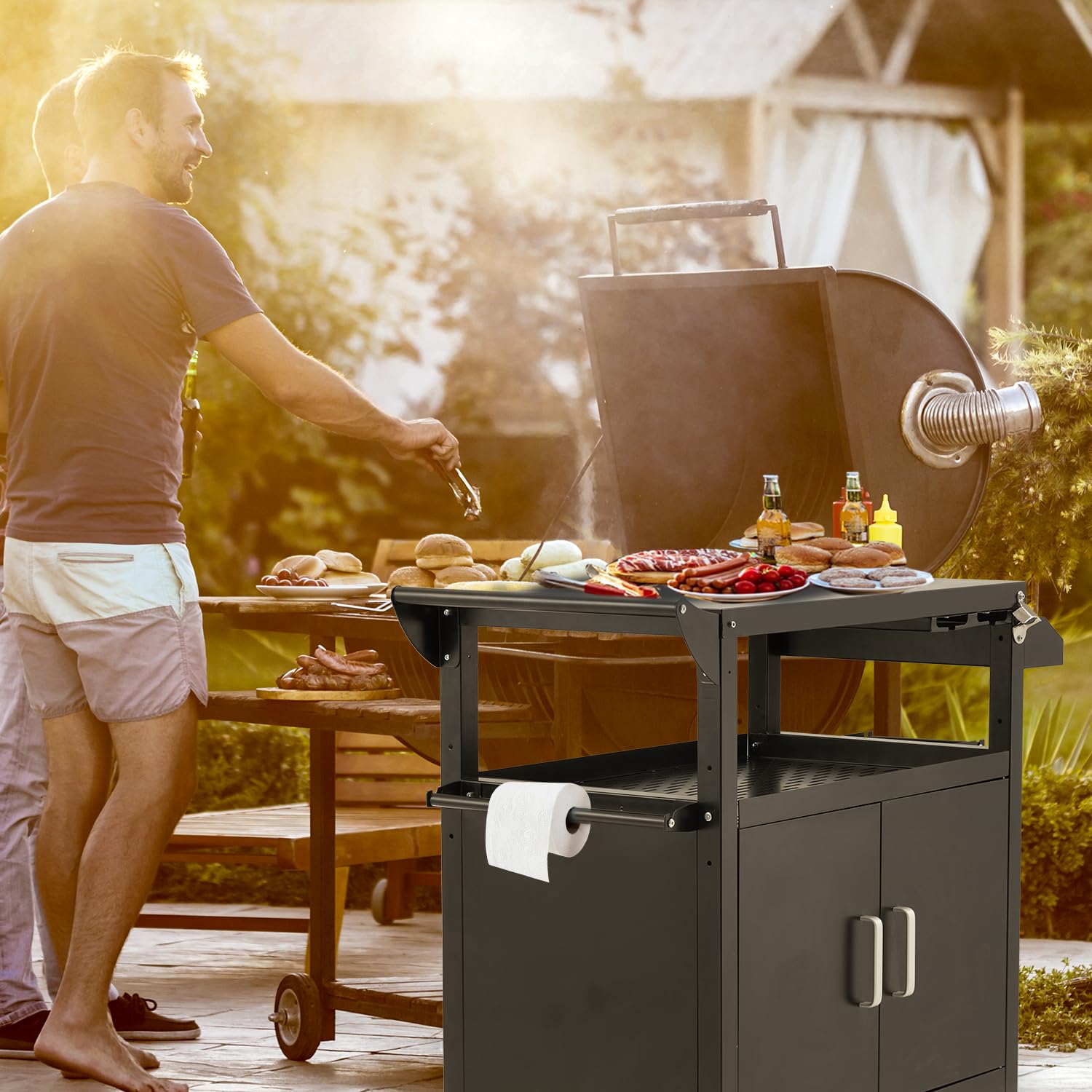 JFHID Outdoor Grill Cart Kitchen Storage Cabinets Island with Wheels Buffet Prep Tables for Outside Steel BBQ Bar Carts for Patio Serving Tables Cooking Station Countertops for Grilling Supplies