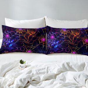 Spider Twin Size Duvet Cover,Glitter Spider Web Halloween Mystic Duvet Cover for Kids Teens All Season,Neon Blue Purple Starry Galaxy Bedding Set,Purple Blue Black Room Decor,No Comforter