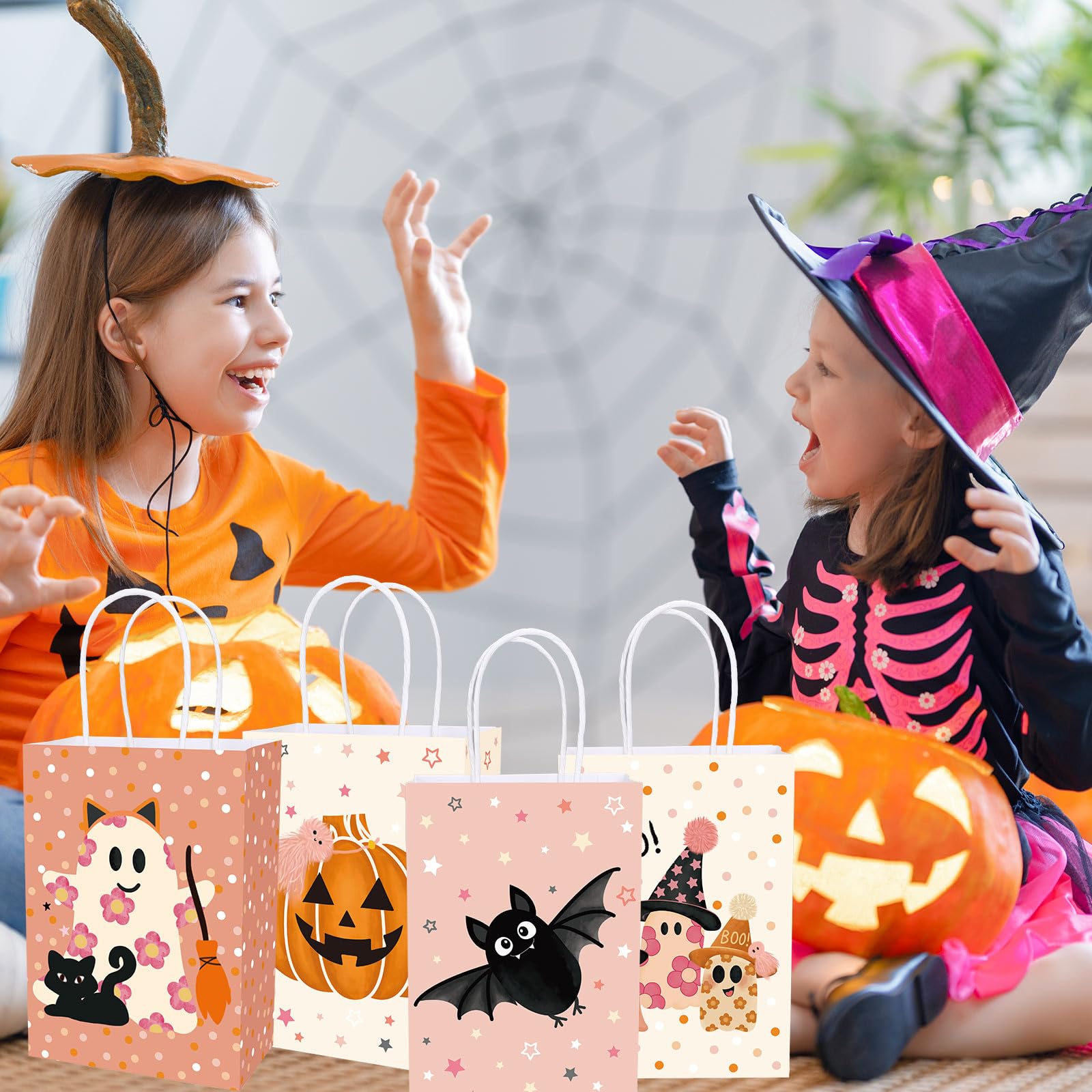 Whaline 24Pcs Pink Halloween Party Gift Bags with Handles Cute Ghost Boo Bat Evil Pumpkin Cat Paper Goodie Bags Candy Treat Bags for Birthday Wedding Baby Shower