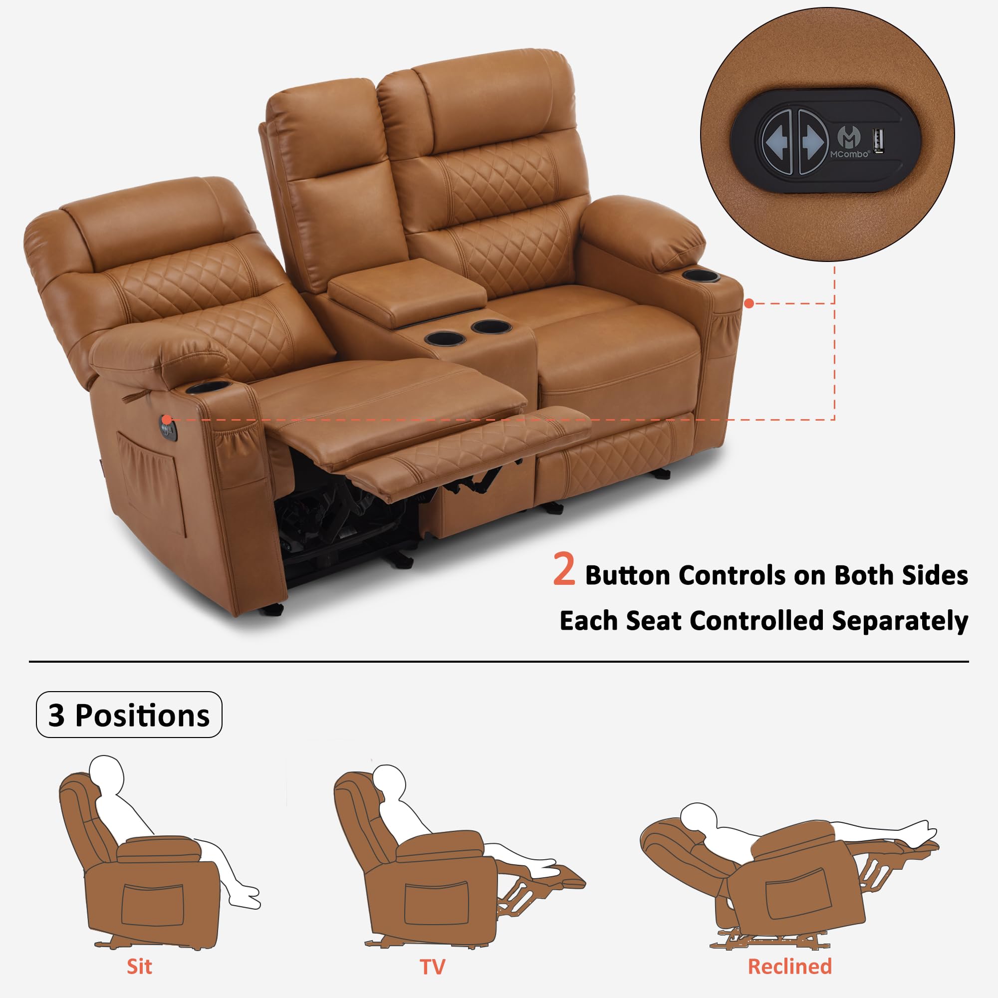 MCombo Electric Power Loveseat Recliner with Console, Faux Leather Power Reclining Sofa with Heat and Vibration, USB Ports, Cup Holders for Living Room PR624 (Saddle)