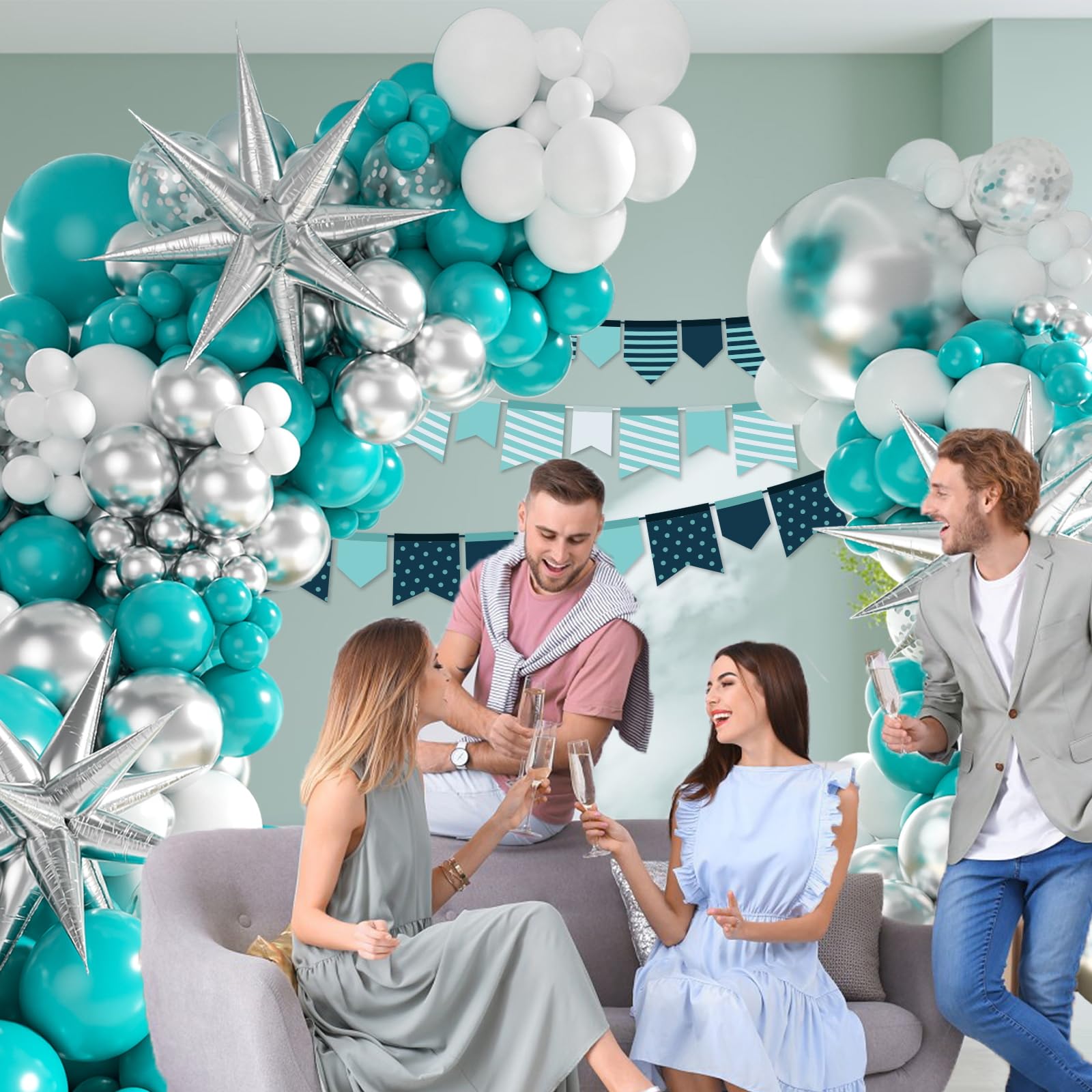 125pcs Teal Silver White Balloon Garland Arch Kit, White Metallic Silver Teal Balloons for Wedding Engagement Anniversary Bridal Shower Baby Shower Birthday Party Decorations