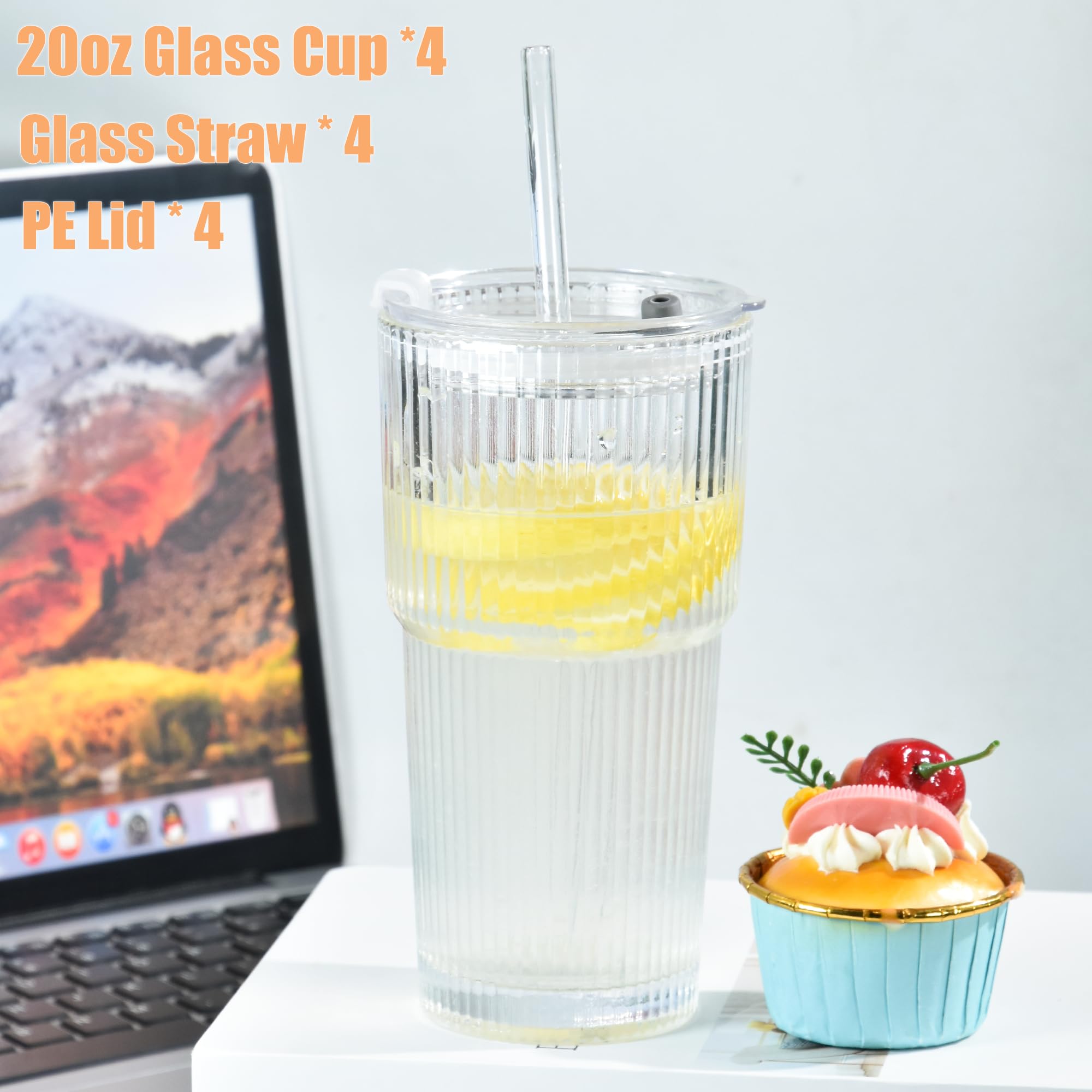 Icesip 20 oz 4 Pcs Drinking Glass Set with Straw and Lid Vertical Stripes Ribbed Iced Coffee Mugs Vintage Glass Cup for Tea Juice Soda Smoothie(Clear*4)