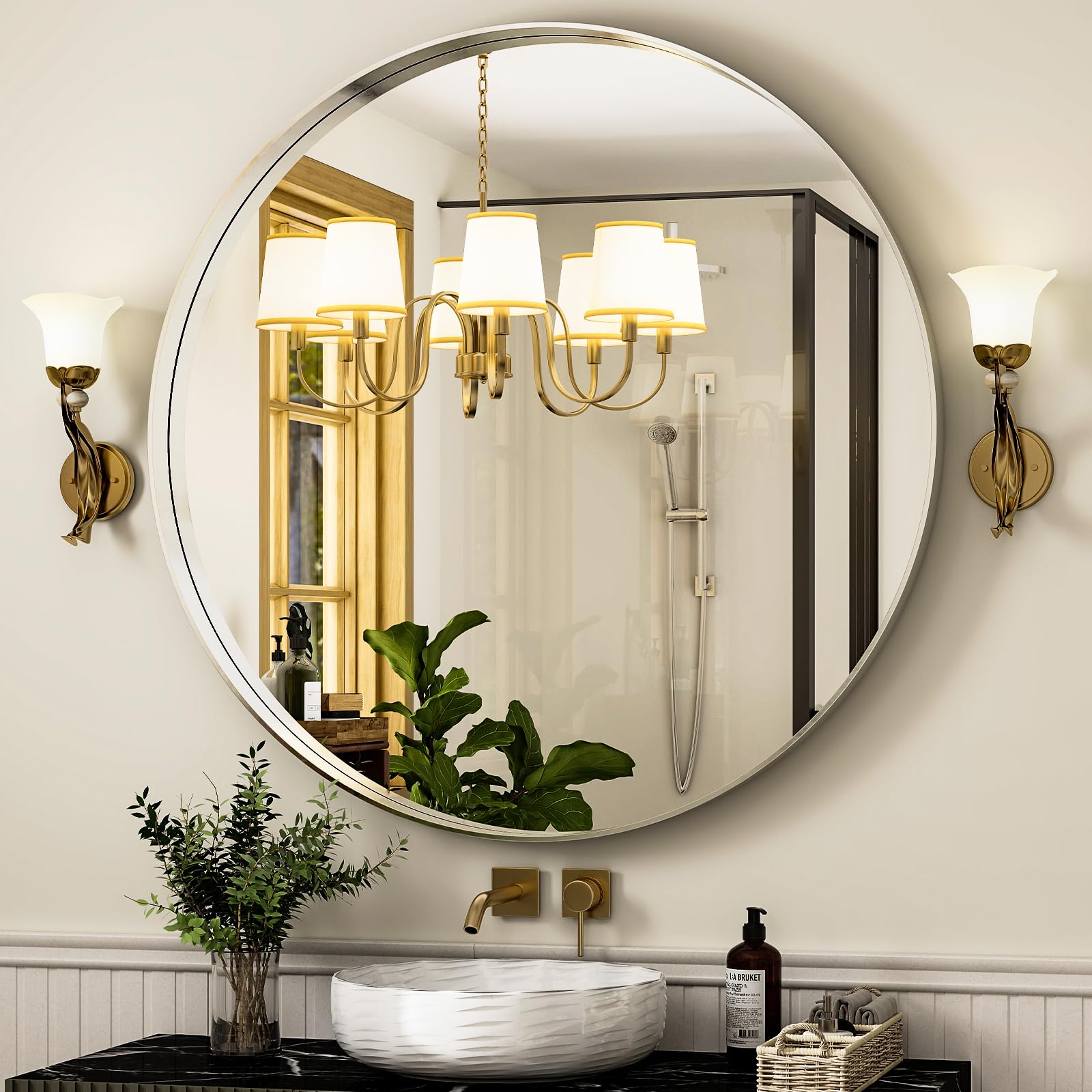 Easly 32 Inch Sliver Round Bathroom Mirror - Wall Mounted Circle Mirror with Metal Frame, Modern Mirror Suitable for Bathroom, Vanity, Entryway, Living Room, Wall Decor