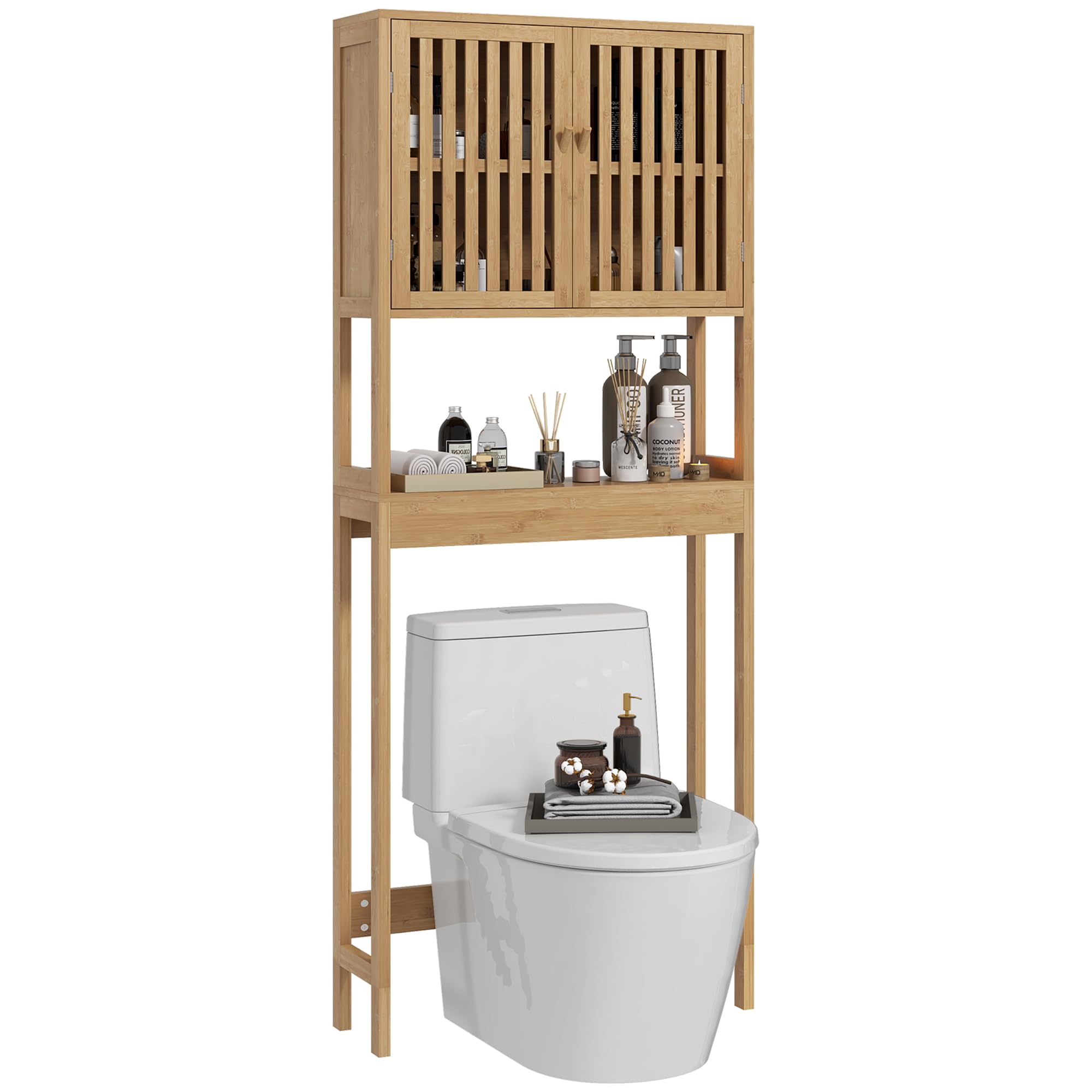 HOMCOM Bamboo Over The Toilet Storage Cabinet, Over Toilet Bathroom Organizer with Slatted Doors, Adjustable Shelf and Open Shelf, Natural