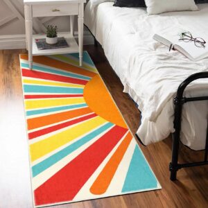 GarveeHome Extra Long Hallway Runner Rug 3x8 Washable Runner Rug Colorful Sunrise Nursery Rug Boho Retro Runner Carpet Non-Slip Throw Floor Covers Rainbow Kids Rug for Living Room Bedroom, Multi