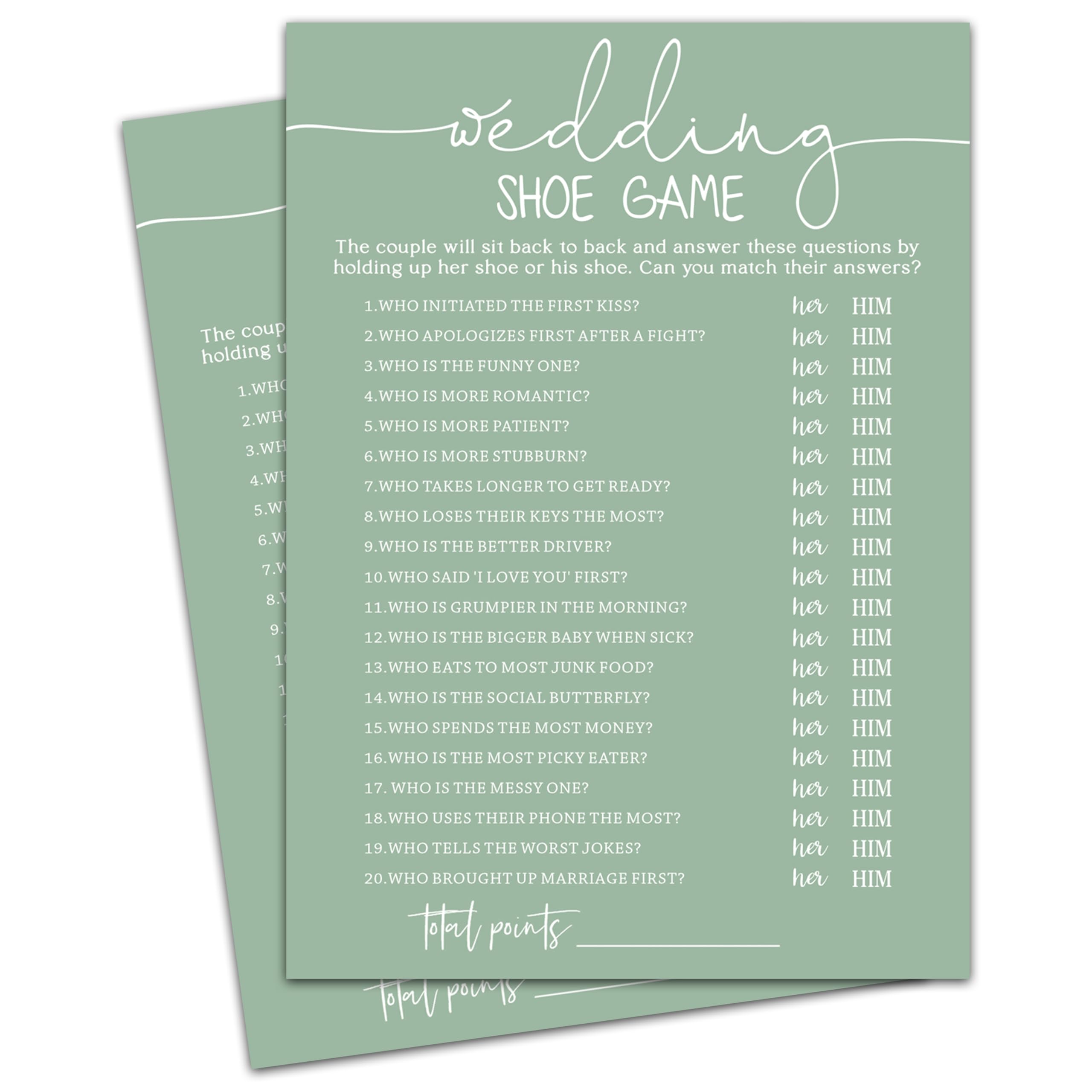 OXRUN Wedding Shoe Game Cards, Sea Green Bridal Shower Games, 30 Elegant Wedding Game for Bachelorette Engagement Party Supplies Favors - A06