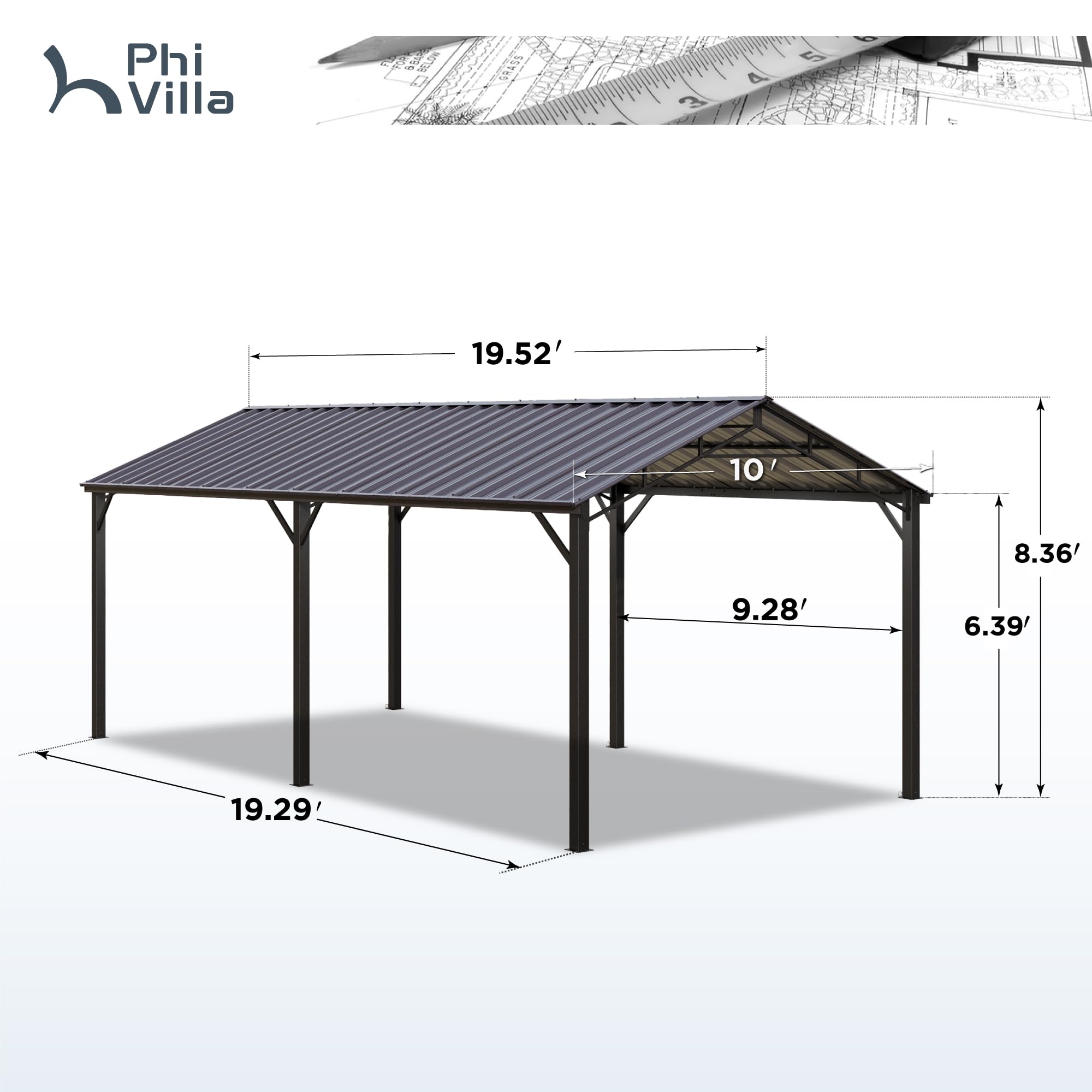 PHI VILLA 10 x 20 ft Carport Metal Carports with Galvanized Steel Roof, Sturdy Heavy Duty Metal Carport for Cars, Boats, and Tractors