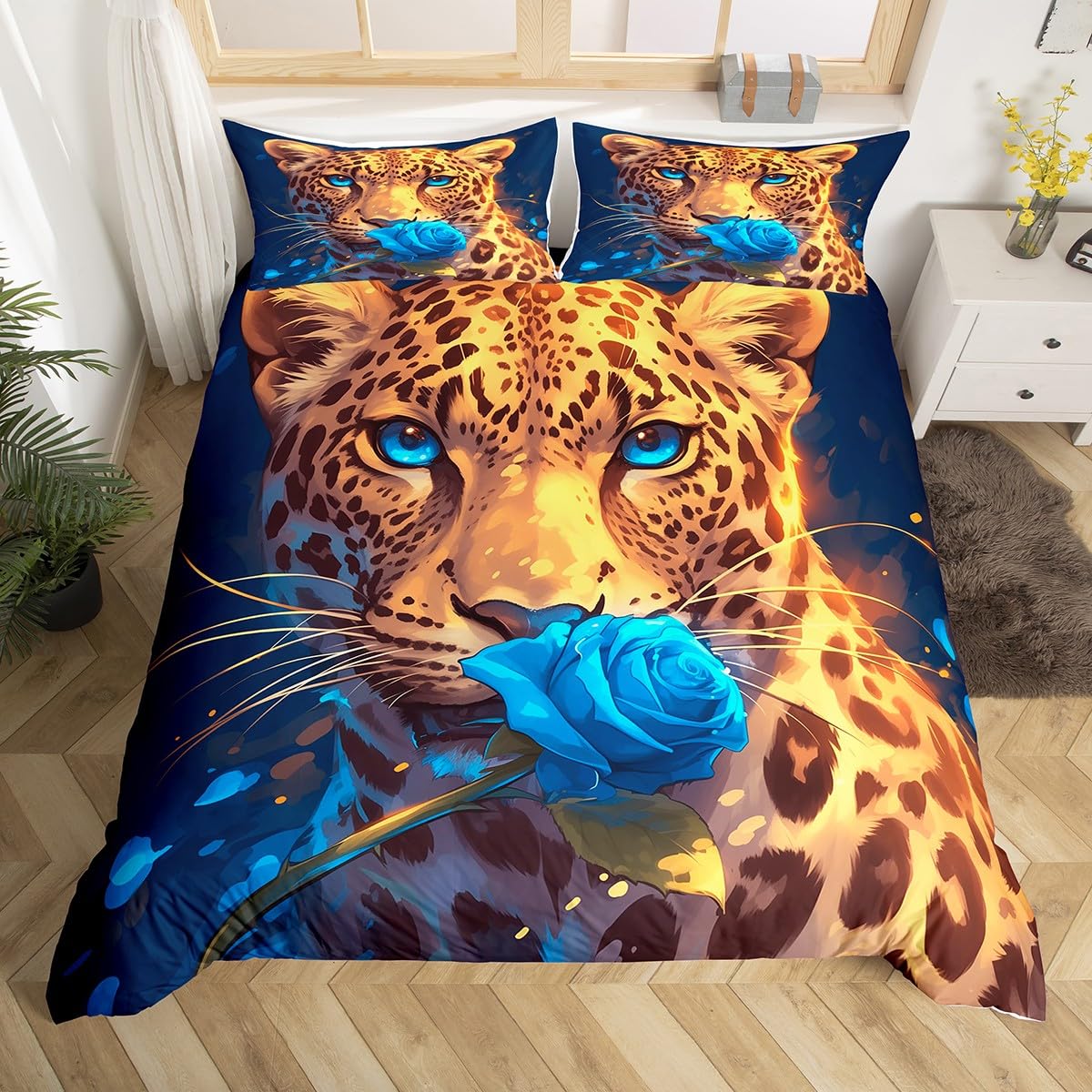 Feelyou Kids Leopard Rose Bedding Set Queen Size, Cheetah Print Comforter Cover Wild Animal Duvet Cover Boys Girls Safari Teens Bedspread Cover Room Decor Soft Quilt Cover 3Pcs (No Comforter)