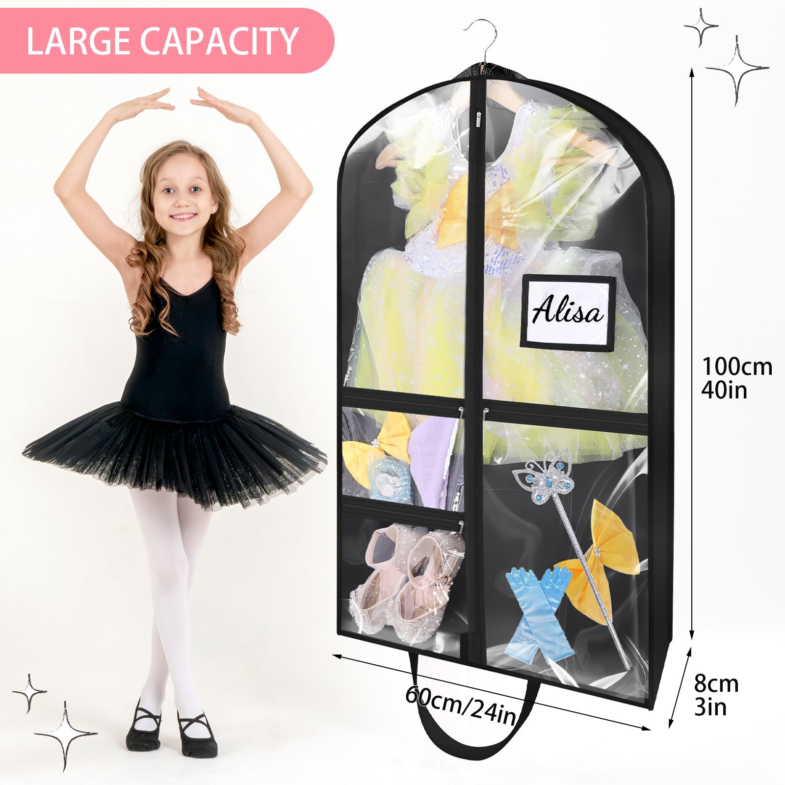 Dntorx 4 Pack Dance Garment Bags, 40" Dance Costume Bags with 3" Gusseted and 3 Pockets, Transparent Kids Garment Bags for Hanging Clothes Suit for Travel, Dance Competition and Closet Storage (Black)