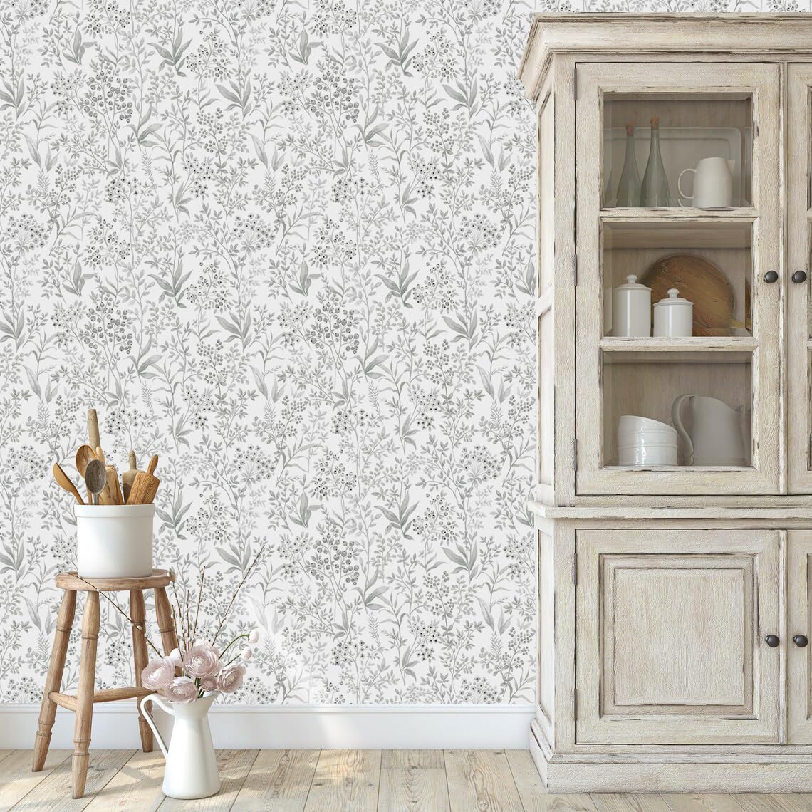 Cohoo Home Leaf Wallpaper Peel and Stick Wallpaper Boho Leaves Contact Paper for Cabinets and Drawer 17.3“×118” Gray White Floral Self-Adhesive Removable Wallpaper Bedroom Bathroom Waterproof Neutral