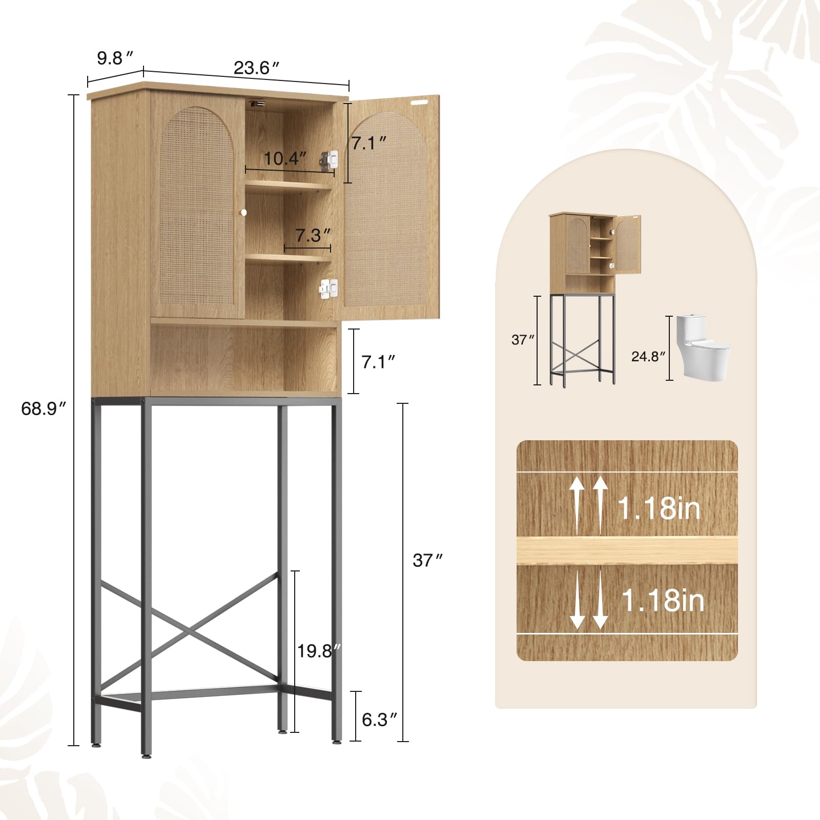 Rattan Over The Toilet Cabinet with Metal Stand, Over The Toilet Rack Cabinet with Adjustable Shelf, Bathroom Organizer with Storage, Tall Boho standing Wood Washer Shelf, Curved Cupboard, Natural