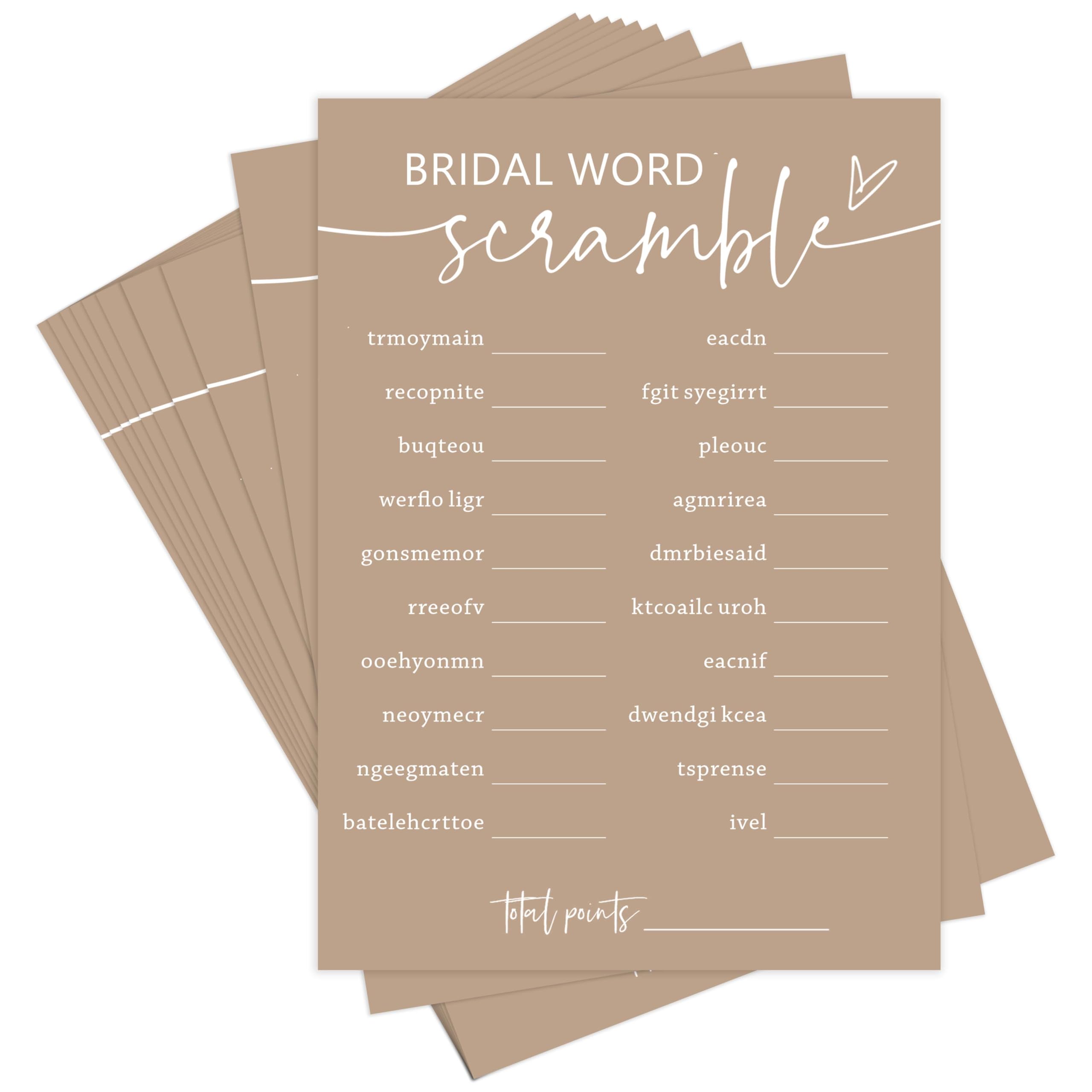 ZIIUFRN Bridal Shower Games, Bridal Word Scramble, 5x7 Inches, Fun and Hilarious Games for Bridal Shower, Wedding Shower, Bachelorette Party Decorations Supplies -B14