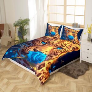 Feelyou Kids Leopard Rose Bedding Set Queen Size, Cheetah Print Comforter Cover Wild Animal Duvet Cover Boys Girls Safari Teens Bedspread Cover Room Decor Soft Quilt Cover 3Pcs (No Comforter)