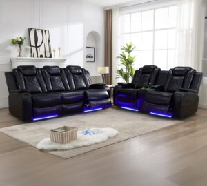 caberryne leather recliner sofa set with led lights,power reclining sofa and loveseat set with usb port/wireless charger/cup holder for living room/house/home theater(2 piece set,black)