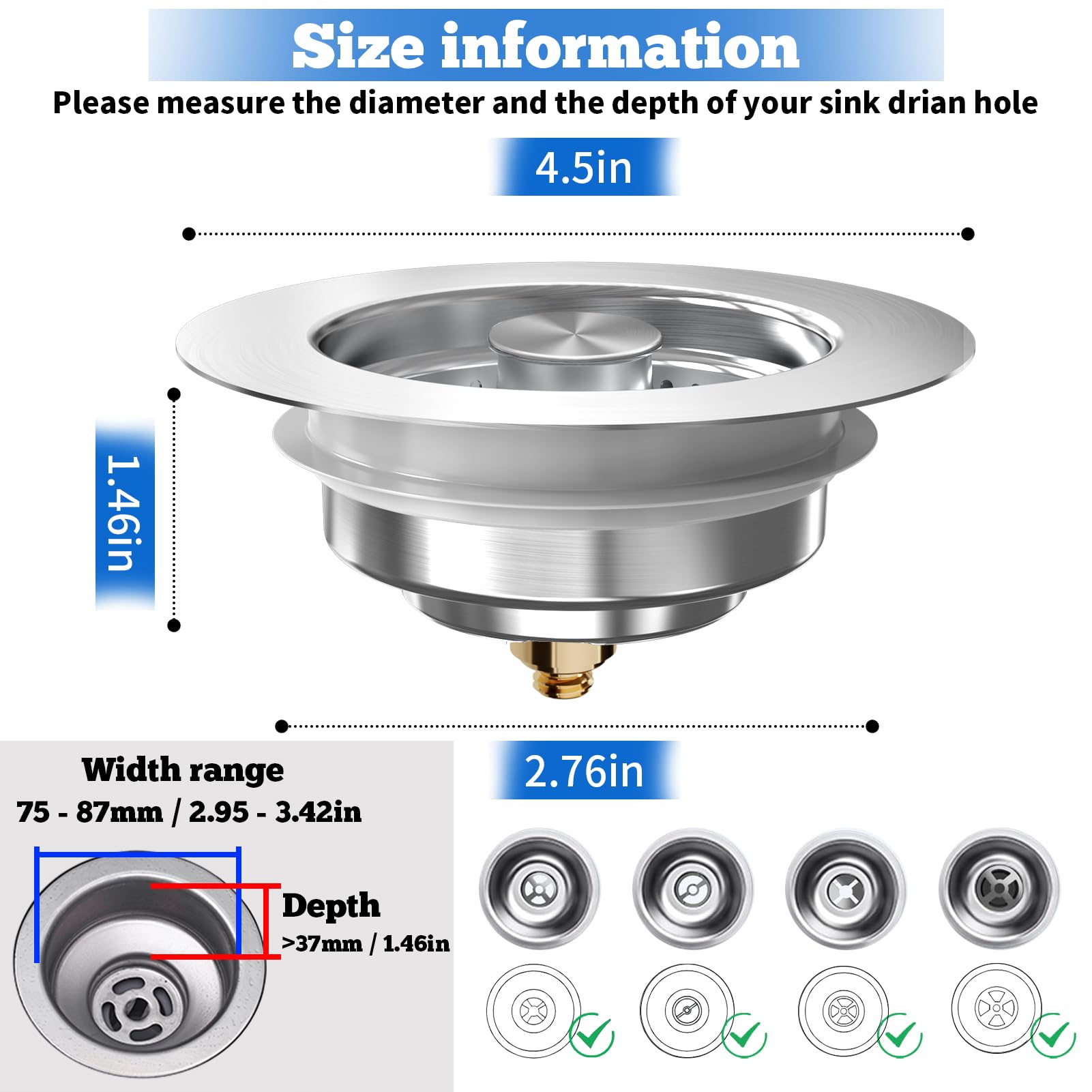 3 in 1 Kitchen Sink Drain Strainer Stopper, Brushed Stainless Steel SUS 304 Pop Up Sink Drain Stopper for Standard 3-1/2 Inch Drain Anti-Clogging Odor Prevention