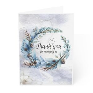 j&j's toyscape thank you for marrying us card, 7x5 inch card with envelope, winter wedding officiant gratitude card, pastor appreciation, card from newlywed couple (blue floral wreath)