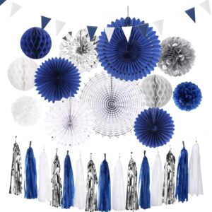 navy blue white silver party decorations,28pcs kit graduation 2024 tissue paper pom poms streamers,tassel garland banner flowers,men birthday bachelorette baby shower christmas decor lasting surprise