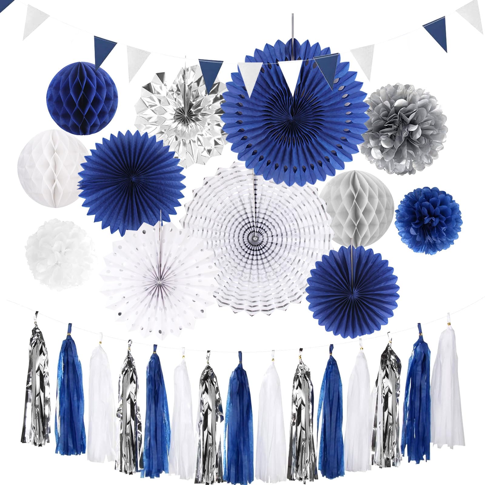 Navy Blue White Silver Party Decorations,28pcs Kit Graduation 2024 Tissue Paper Pom Poms Streamers,Tassel Garland Banner Flowers,Men Birthday Bachelorette Baby Shower Christmas Decor Lasting Surprise