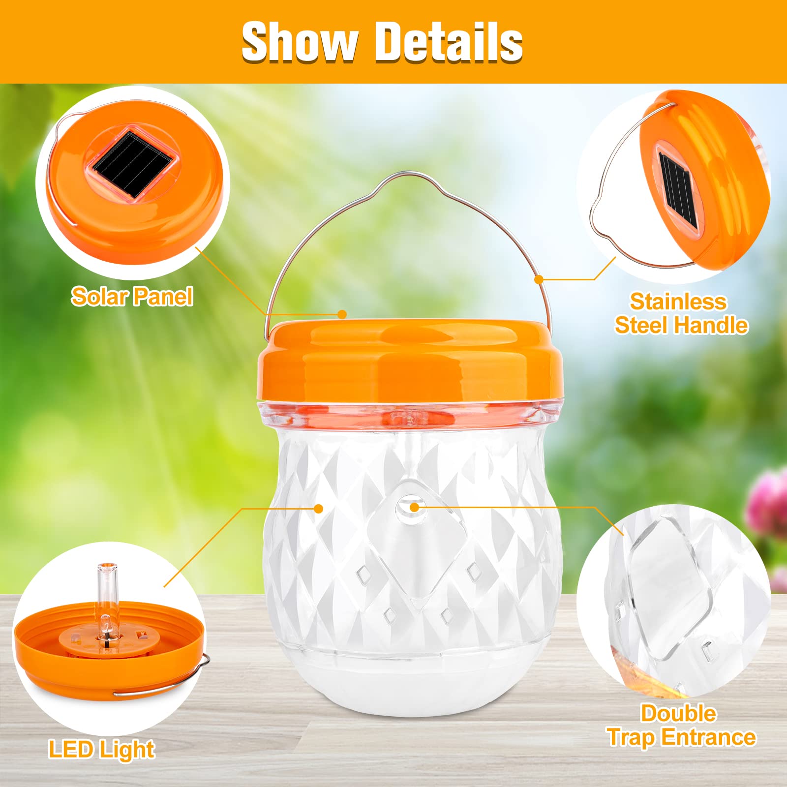 Wasp Traps Outdoor Hanging, Yellow Jacket Wasp Catcher for Trapping Hornet, Non-Toxic Reusable Wasp Catcher for Outdoors Trapping Wasp, Wasp Trap Solar Power Outdoor with LED Light,2P-Orange