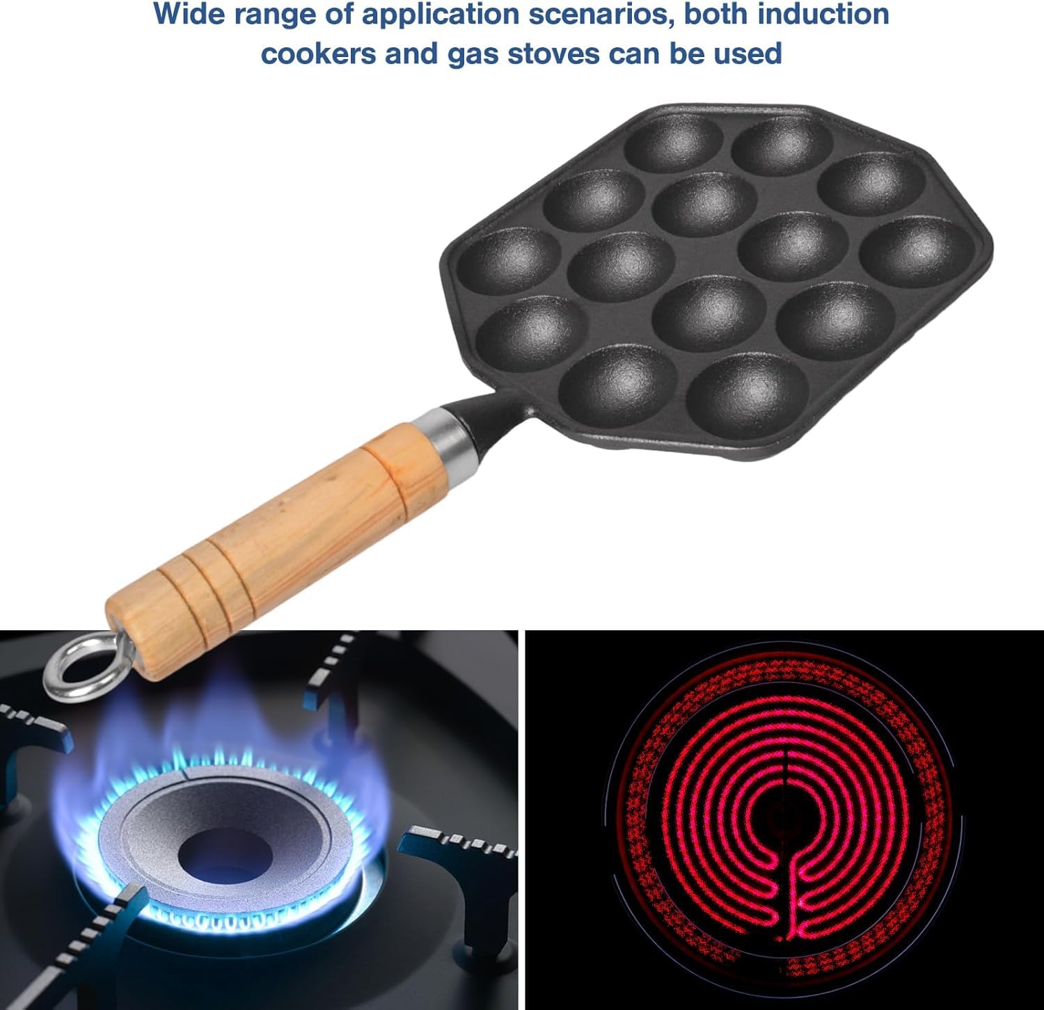 14 Holes Takoyaki Pan, Nonstick Cast Iron Multifunctional Octopus Meat Balls Grill Pan for Home Kitchen