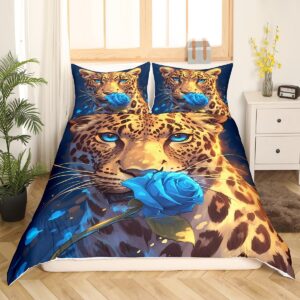 Feelyou Kids Leopard Rose Bedding Set Queen Size, Cheetah Print Comforter Cover Wild Animal Duvet Cover Boys Girls Safari Teens Bedspread Cover Room Decor Soft Quilt Cover 3Pcs (No Comforter)