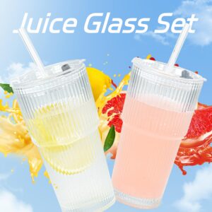 Icesip 20 oz 4 Pcs Drinking Glass Set with Straw and Lid Vertical Stripes Ribbed Iced Coffee Mugs Vintage Glass Cup for Tea Juice Soda Smoothie(Clear*4)