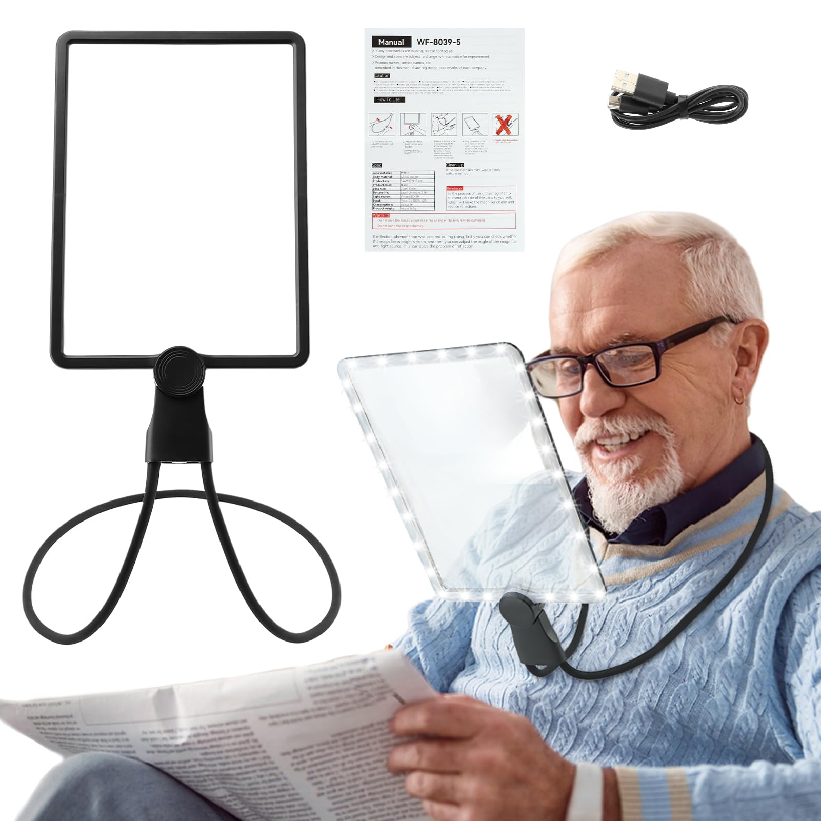 5X Hands Free Magnifying Glass with Light,Large Page Magnifier for Reading,Full Book Page Magnifier with Flexible Gooseneck and 50 Led Lights for Seniors Repair Sewing Newspaper