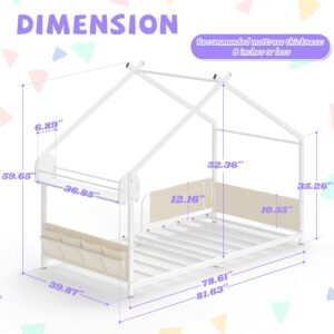 Timy House Bed Twin Size Montessori House Bed Metal Floor Bed with Storage Rack and Caddy Twin Bed Frame for Kids No Box Spring Needed White