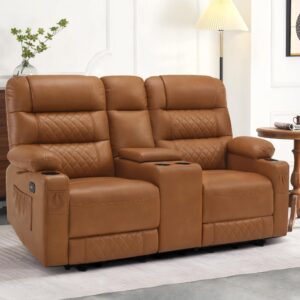 MCombo Electric Power Loveseat Recliner with Console, Faux Leather Power Reclining Sofa with Heat and Vibration, USB Ports, Cup Holders for Living Room PR624 (Saddle)