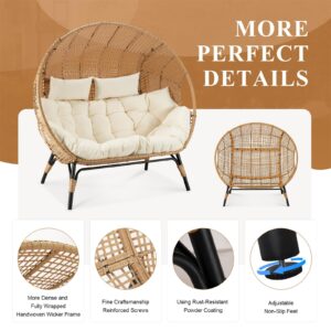 FINCATI Indoor Outdoor Double Egg Chair with Footrests, 2 Person Oversized Wicker Rattan Stationary Lounge Chair with Legs, 680 lbs Loveseat Boho Egg Basket Chairs with Ottomans Beige