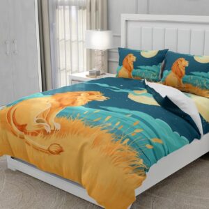 Moinlizy 3D Lonly Lion and Moon Printed Duvet Cover Set Bedding Sets Twin Size with 1 Piece Duvet Cover 2 Pieces Pillow Cases Ultra Durable Microfiber No Comforter