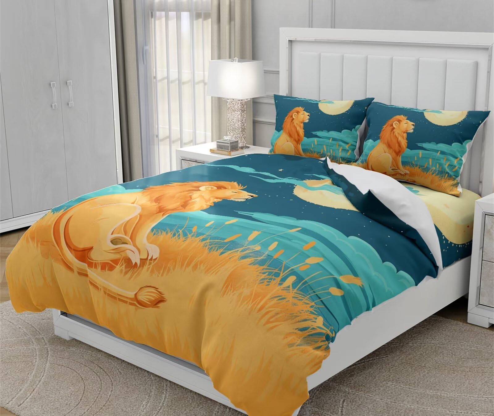 Moinlizy 3D Lonly Lion and Moon Printed Duvet Cover Set Bedding Sets Twin Size with 1 Piece Duvet Cover 2 Pieces Pillow Cases Ultra Durable Microfiber No Comforter