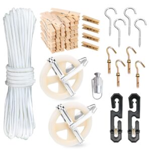 clothes line outdoors, clothes line pulley kit include 164ft polyester clothes line ropes, clothesline pulley, clothesline s-separators, clothesline tightener and clothespins