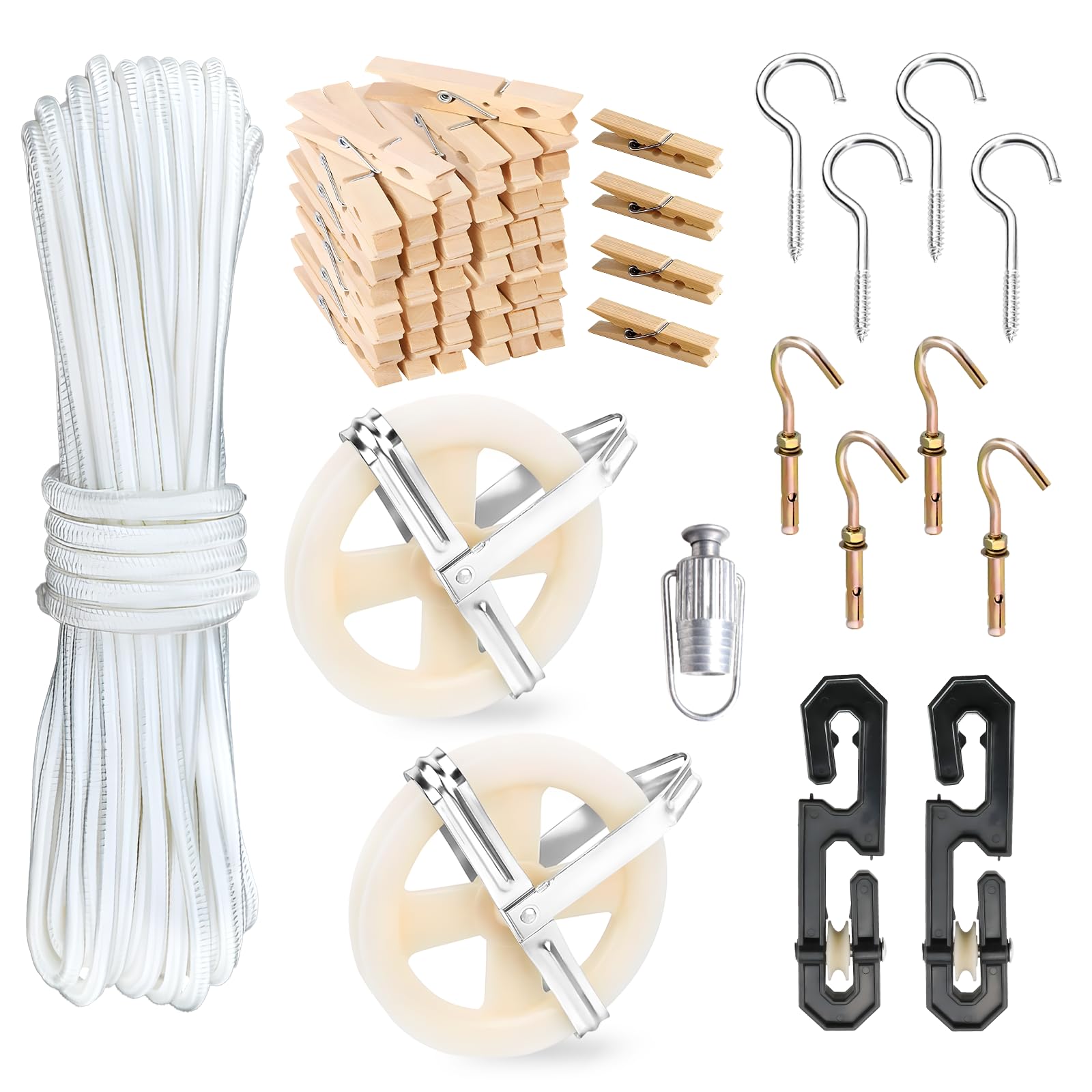 Clothes Line Outdoors, Clothes Line Pulley Kit Include 164ft Polyester Clothes Line Ropes, Clothesline Pulley, Clothesline S-Separators, Clothesline Tightener and Clothespins