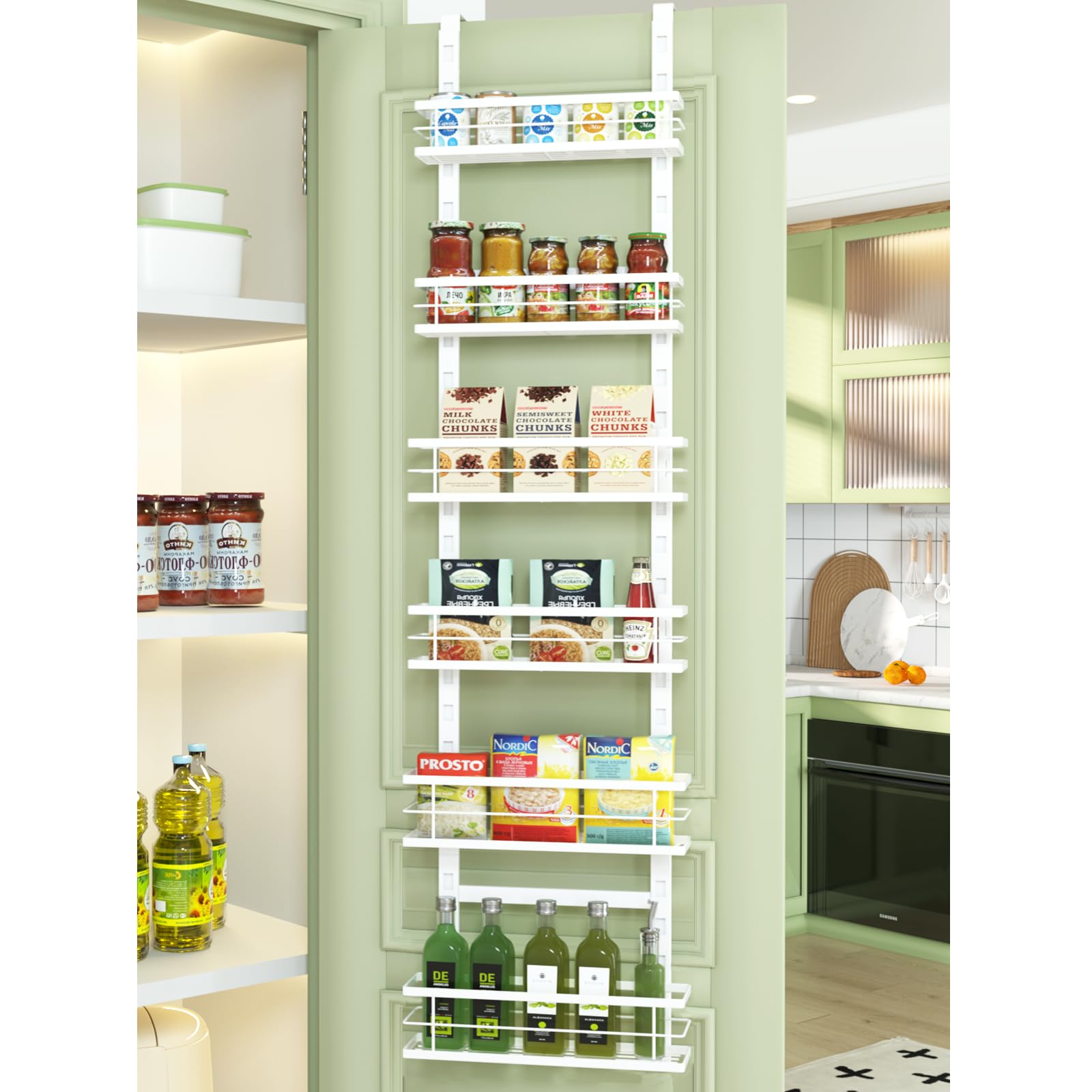 jinligogo Over the Door Pantry Organizer 6-Tier Adjustable Basket, Hanging Narrow Spice Rack, Behind the Closet Door Storage Heavy Duty for Kitchen, Laundry Organization