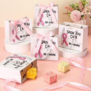 Weekgrat 25 Pack Small Pink Ribbon Bags with Handles Breast Cancer Awareness Paper Gift Bags and Bow Ribbon Show You Care Breast Cancer Bags Women Men Breast Cancer Fighter, 5.51 x 2.36 x 4.72 inch