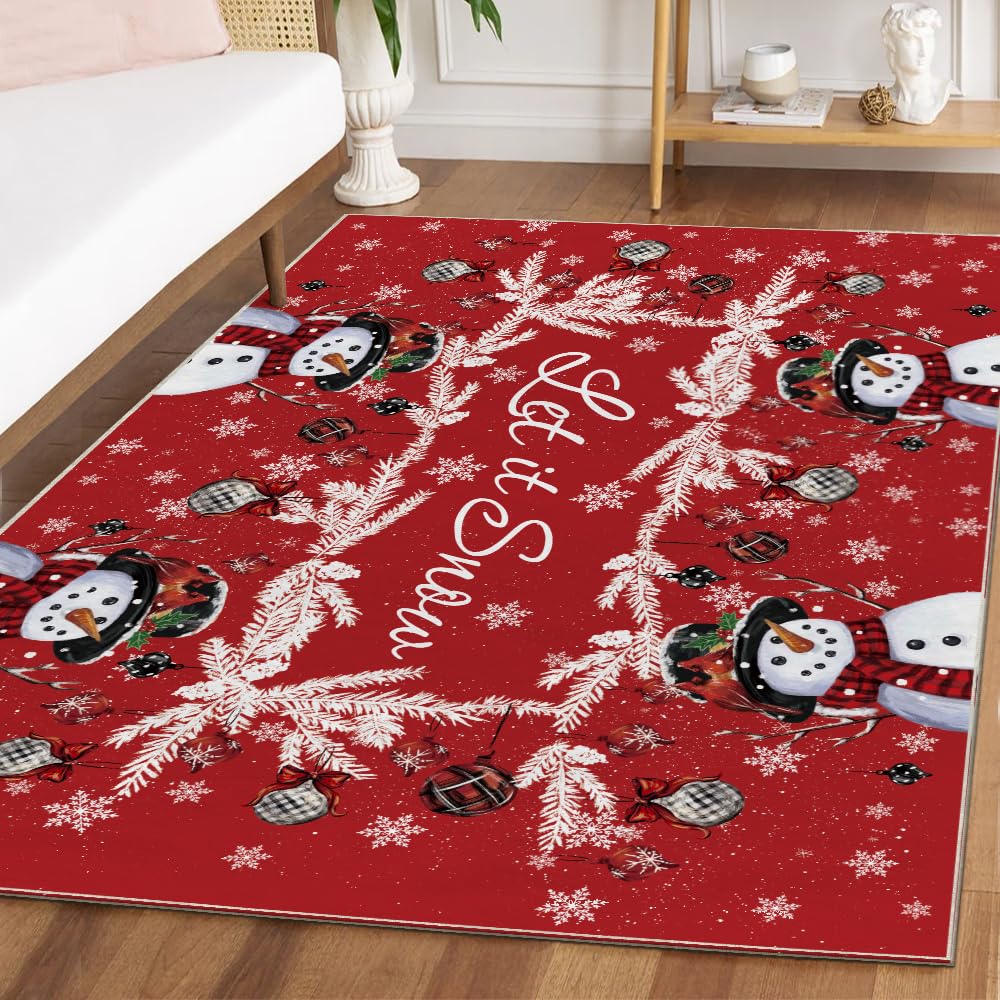 Artoid Mode Red Snowman Let It Snow Ball Christmas Area Rug, Xmas Winter Home Decor Low-Profile Washable Area Rugs for Entryway Bedroom Living Room Laundry Room Indoor 5x7 Feet