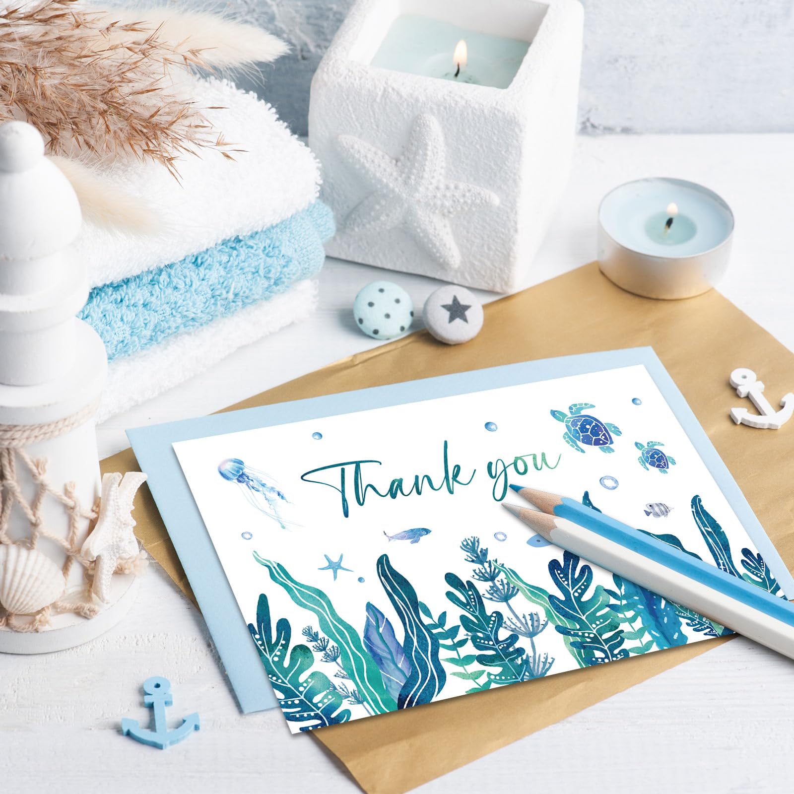 JarThenaAMCS 24 Set Under the Sea Thank You Cards with Envelopes and Stickers Blue Seaweed Sea Turtles Fish Greeting Cards for Birthday Wedding Baby Shower, 4 x 6 Inch