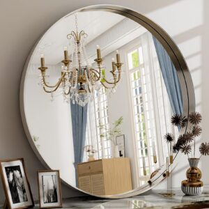 Easly 32 Inch Sliver Round Bathroom Mirror - Wall Mounted Circle Mirror with Metal Frame, Modern Mirror Suitable for Bathroom, Vanity, Entryway, Living Room, Wall Decor