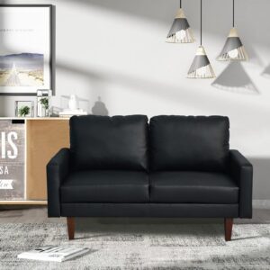 Hybition Faux Leather Loveseat Mid-Century Modern Sofa with Wooden Legs for Living Room, Office-Black