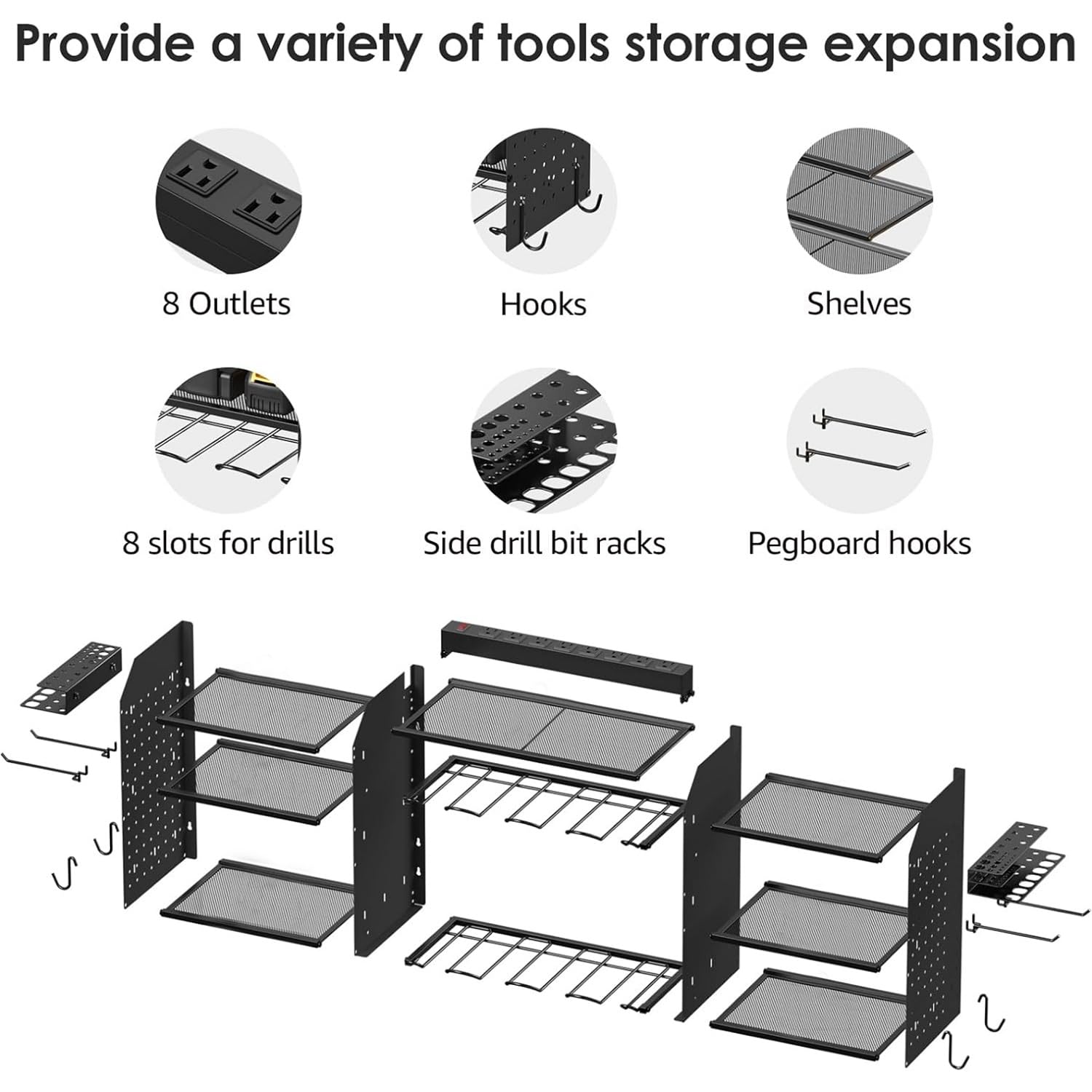 DIYTUNINGS Large Tools Organizer Wall Mount Charging Station,39 Inch Long Power Tool Battery Storage Rack with Screwdriver/Plier/Hammer Holder,Garage Utility Shelves Pegboard Hanging Extension Black