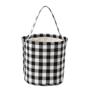 Ouksma Halloween Trick or Treat Basket, Checkered Fabric Tote with Embroidered Ghost, Pumpkin, Frankenstein for Halloween Party, Candy Collection and Decorations (Black Checkered)