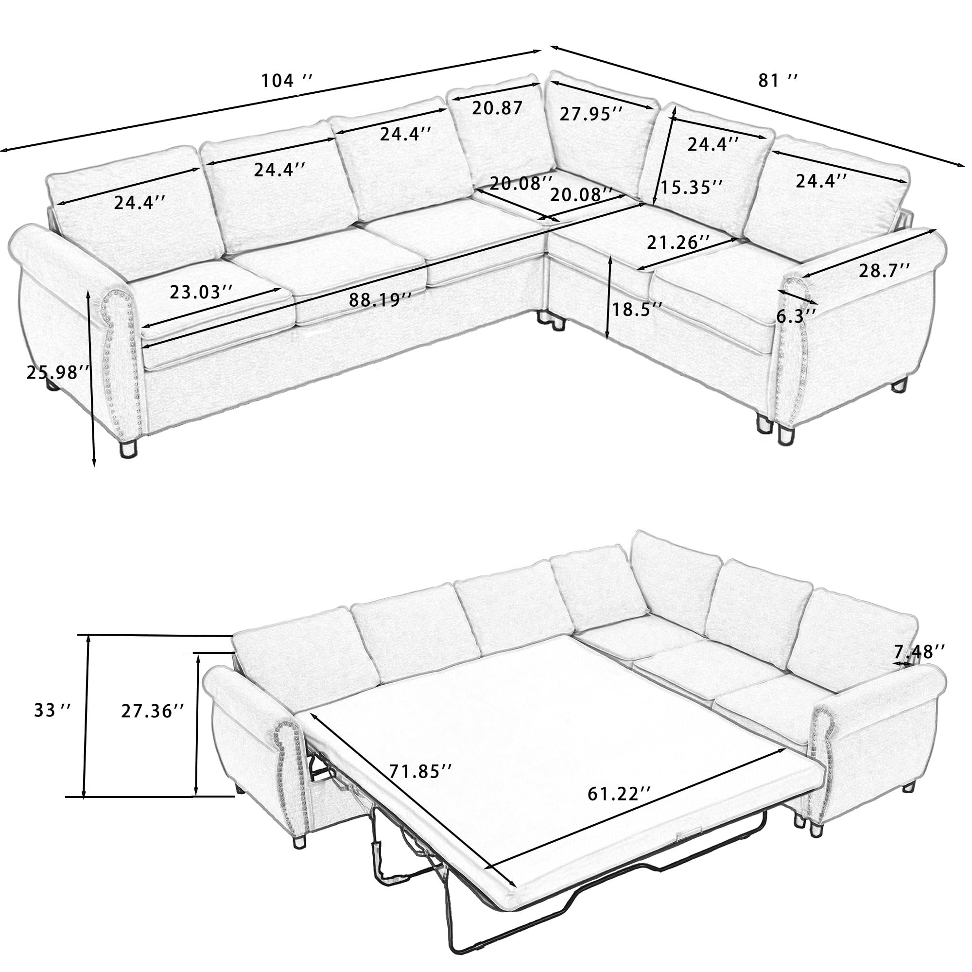 Plococo Sleeper Sofa with Queen Mattress, 2 in 1 Pull Out Couch Bed,6 Seater Sofa Bed, L Shaped Sleeper Sectional Sofa Couch,Riveted Sofa,104'' Large Combined Sofa in Living Room (Gray)