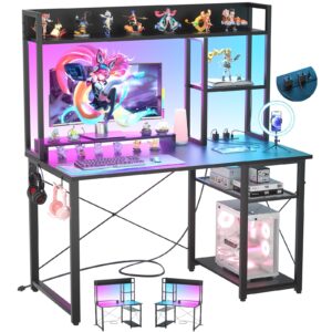 cyclysio gaming desk with hutch, 39'' computer desk with led lights & power outlets, home office desk with reversible 5 tiers storage shelves & monitor stand, small gaming table for small space, black