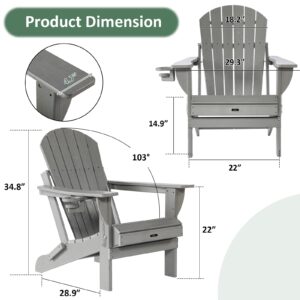 Withniture HDPE Folding Adirondack Chair Set of 4,All Weather Resistant Adirondack Chair with Cup Holder, Patio Chair Wood Texture Fire Pit Chairs for Outdoor Patio Lawn Garden, Grey