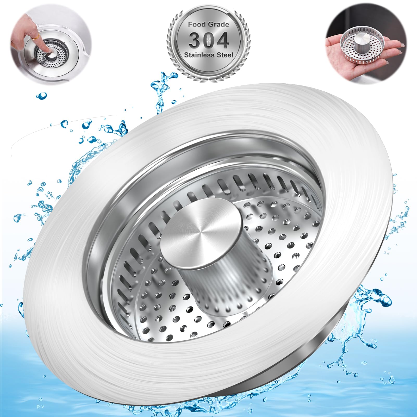 3 in 1 Kitchen Sink Drain Strainer Stopper, Brushed Stainless Steel SUS 304 Pop Up Sink Drain Stopper for Standard 3-1/2 Inch Drain Anti-Clogging Odor Prevention